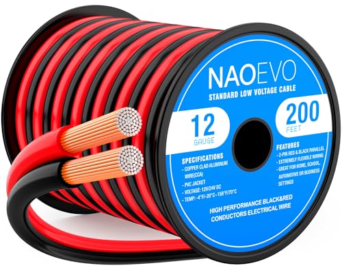 NAOEVO 12 Gauge Wire 2 Conductors, CCA Red Black Electrical Wire, 200FT | Flexible, High Conductivity & Wear-Resistant 12 AWG Wire with PVC insulation for Automotive, Speaker, LED, Marine, 12V/24V DC - size: 200ft, style: 12AWG