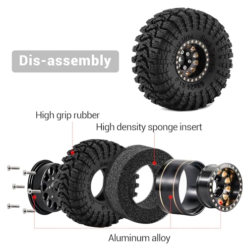1.0" Beadlock Brass Wheels and 63mm Tires for SCX24 TRX4M | 7mm Hex, Soft Rubber Tires with Foam Lining, 1/18 1/24 RC Crawler Upgrade Parts - color: Brass Black