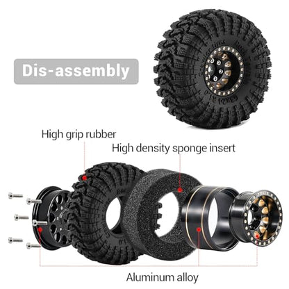1.0" Beadlock Brass Wheels and 63mm Tires for SCX24 TRX4M | 7mm Hex, Soft Rubber Tires with Foam Lining, 1/18 1/24 RC Crawler Upgrade Parts - color: Brass Black