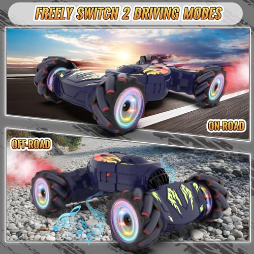 Pristar RC Cars, Gesture Sensing RC Stunt Car Toys for Boys Girls 6-12 | 2.4Ghz 4WD Remote Stunt Car with Spray Lights Music 360°Fast Off-Road Transform, Birthday Xmas Gifts for Kids Age 6-12 - color: Blue-flame