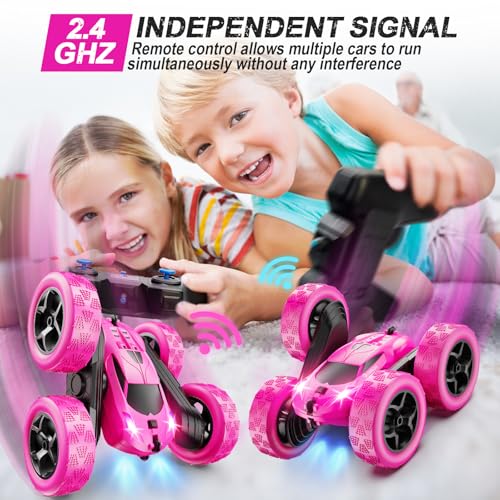 QUNREDA RC Cars, Rose Remote Control Car for Girls, 2.4 GHZ Double Sided RC Stunt Car 360° Rotating Remote Control Crawler with Headlights Car Toys for 6 7 8 9 10 11 12 Girls Birthday Gift - color: Rose