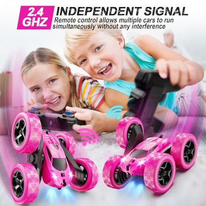 QUNREDA RC Cars, Rose Remote Control Car for Girls, 2.4 GHZ Double Sided RC Stunt Car 360° Rotating Remote Control Crawler with Headlights Car Toys for 6 7 8 9 10 11 12 Girls Birthday Gift - color: Rose