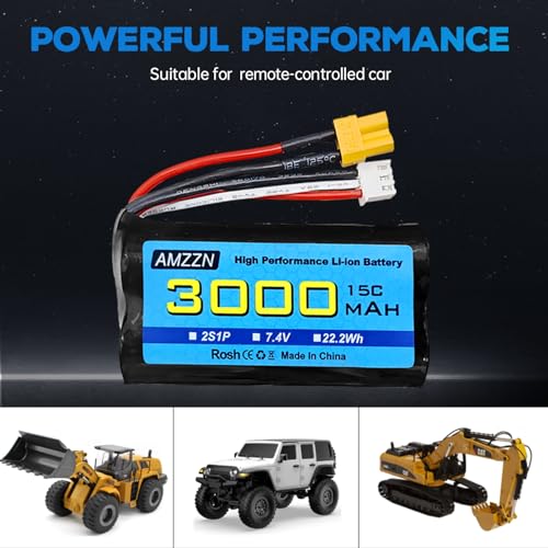 2PCS 7.4V 3000mAh 15C 2S XT-30 Plug Li-ion Battery with 2-in-1 Charger for RC High-Speed Cars, Trucks RC Ship Model Car and Huina Engineering Vehicle Batteries