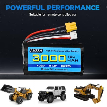 2PCS 7.4V 3000mAh 15C 2S XT-30 Plug Li-ion Battery with 2-in-1 Charger for RC High-Speed Cars, Trucks RC Ship Model Car and Huina Engineering Vehicle Batteries