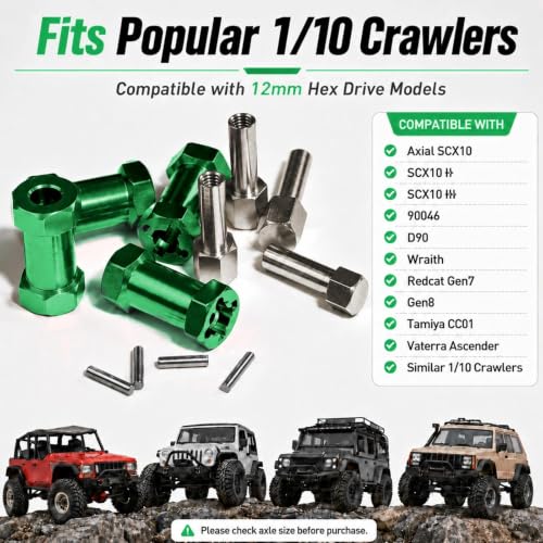 4PCS 12mm Hex Hub 25mm Aluminum Extension Hex for Axial SCX10 D90 90046 | 25mm CNC Wheel Hex Extenders for 1/10 RC Crawlers Redcat Gen7/Gen8 CC01 RC4WD Wider Stance & Tire Clearance with M4 Nuts Pins - color: Green