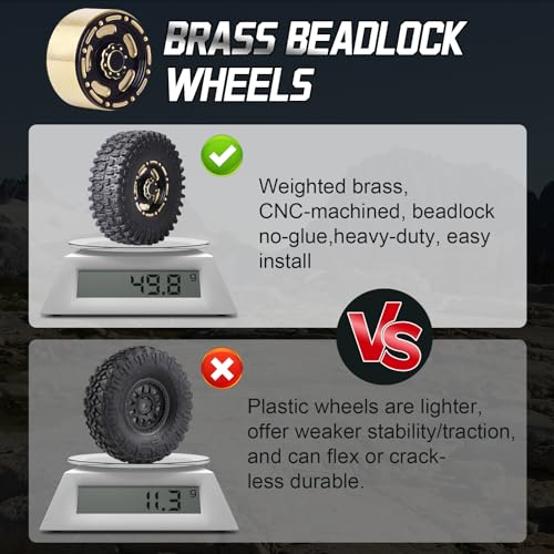HobbyPark Brass 1.0 Beadlock Wheels & Tires for 1/18 TRX4M Upgrades Parts 1/18 SCX24 1/24 RC Crawler Replacement, Set of 4 (Type A) - style: Type A