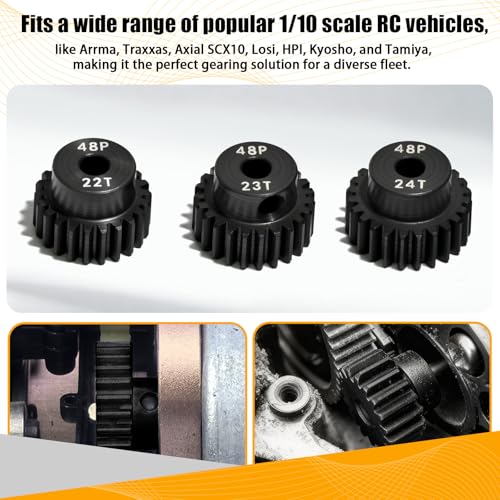 3PCS 48P Pinion Gear Set Hardened Steel 3.175mm Shaft 22T 23T 24T with Screws & Hex for 1/10 RC Arrma Traxxas HPI Kyosho Losi Axial SCX10 Tamiya Monster Truck Buggy Motor Upgrade Parts - size: 22 23 24T