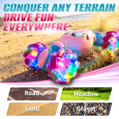 Pink Rc Gesture Sensing Stunt Car Toys for Girls 3 4 5 6 7 8 9 10 1112 Years Old, Drift Hand Control Remote Control Cars with Light & Music, 4WD 360°Rotation Double Side Cars Birthday Gifts for Kid - color: Pink
