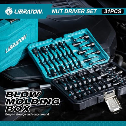LIBRATON 31PCS Magnetic Nut Driver Set, 1/4" Impact Drill Driver Bit Set | Long Nut Drivers 6INCH, Metric & SAE Nut Drivers for Impact Drill, Socket Set, Impact to Hex Converter, PH1, PH2, Storage Box - style: 31PCS