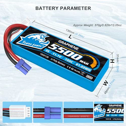Yowoo 2 Pack 3S 11.1V 5500mAh 150C Graphene LiPo Battery EC5 | With metal plates for durability. Fits RC airplanes, helis, F450 quadcopters, cars, trucks and boats