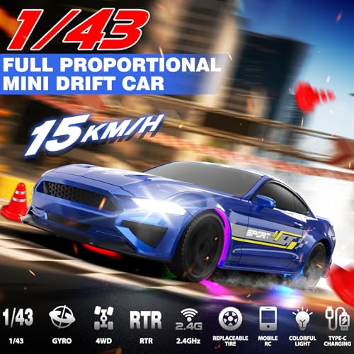 1/43 RC Drift Car, Mini Drifting RC Car with Gyro 2.4GHz Full Proportional Drift Cars 4WD RTR Remote Control Cars with Colorful Lights High Speed Fast Racing Vehicle Gift for Kids Boys Adults - color: Blue