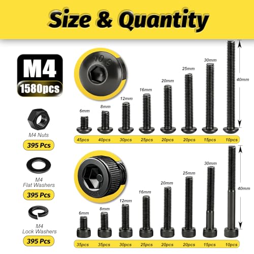 KADRICK 1580PCS M4 Screws Assortment,Hex Socket Button & Cap Head | M4 Screws Length from 6MM-40MM,Screws with Flat & Lock Washers Nuts,Class 10.9 Alloy Steel,Black Oxide Finish - size: M4 1580Pcs 6-40mm