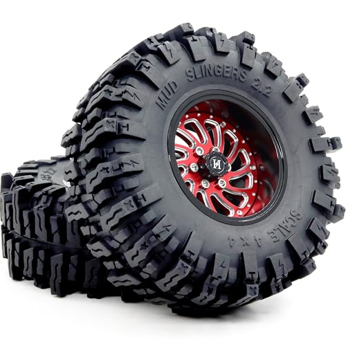 2.2 Beadlock Wheels and Tires 124mm Tall Tyres, Mud Slingers 2.2 Tires and Wheels Adjustable Offset 40mm Wide Rims for 1/10 RC Crawler SCX10 Capra Upgrades,HS701586 - color: Black & Red