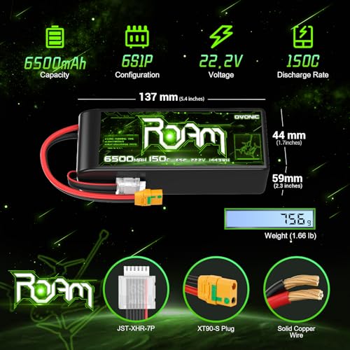 OVONIC Roam Series 6S Lipo Battery 6500mAh 6S1P 150C 22.2V Long Range Lipo Battery with XT90-S Anti Spark Plug for 6-10 Inch Long Range Cenilifter Multirotor X-Class