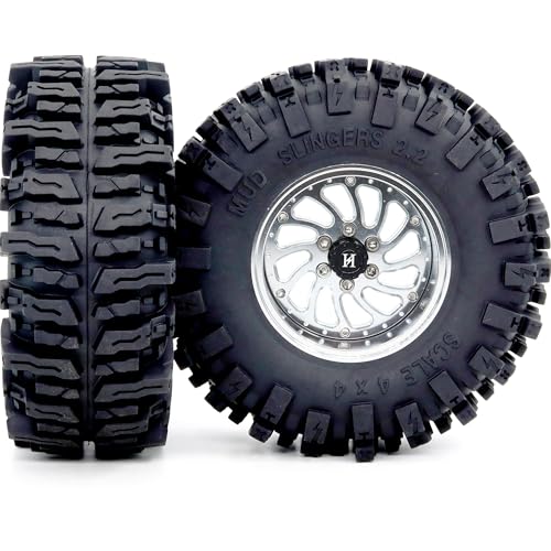 124mm Tall 2.2 Mud Slingers Tires & 2.2 Beadlock Wheels Adjustable Offset 40mm Wide Rims for RC Crawler Trail SCX10 Everest 10 Capra Wraith Upgrades,HS701582 - color: Silver