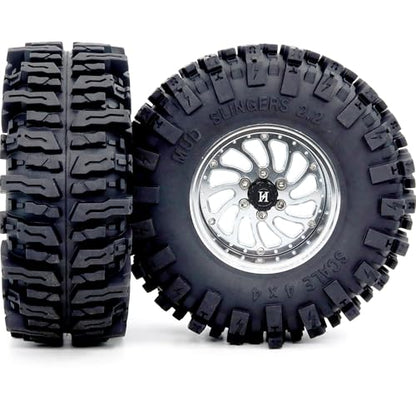 124mm Tall 2.2 Mud Slingers Tires & 2.2 Beadlock Wheels Adjustable Offset 40mm Wide Rims for RC Crawler Trail SCX10 Everest 10 Capra Wraith Upgrades,HS701582 - color: Silver