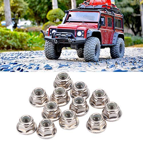 12Pcs RC Lock Nuts, 4mm RC Wheel Nuts, Metal Nonslip Wheel Lock Nut with 0.35in Bottom Diameter Replacement for TRX6 SCX10 1/10 Remote Control Model Cars, Sliver