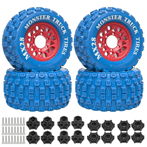 LRFHL MX28 F/R 2.8" RC Monster Truck Tires and Wheels 4PCS, Blue | 12mm/14mm Hex Adapter, 1/10 RC Monster Truck, Compatible with Traxxas Stampede Rustler Redcat Arrma Vorteks Big Rock Granite - color: Blue Tires+ Red Wheel-8