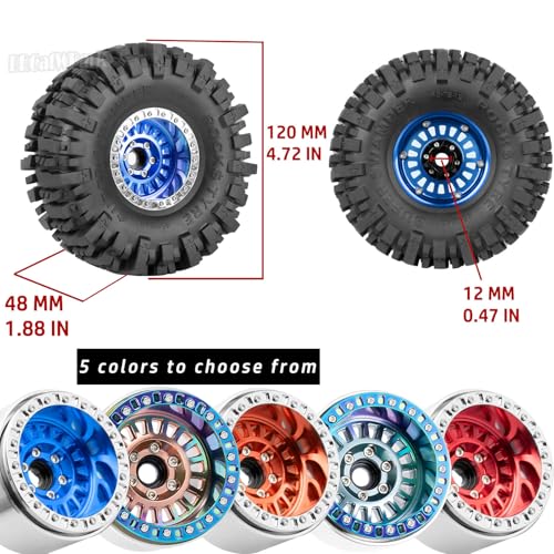 Aluminum RC 1.9 Wheel Tires for 1/10 SCX10 SCX10 II 90046 SCX10 III AXI03007 SCX10 Pro TRX4 TRX6 Gen7/8 D90 VS4-10 MST CFX RC Crawler Car,4pcs RC 1.9 Beadlock Wheel,Titanium - color: Titanium - (Colorful Tires)