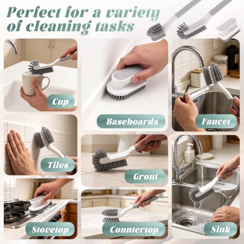 3 Pack Cleaning Brush Set, Multi-Purpose Scrub Brushes | Ergonomic Long Handles, Brush with medium firm bristles, For Bathroom, Kitchen, Sink, Tub, Tile, Grout,Car