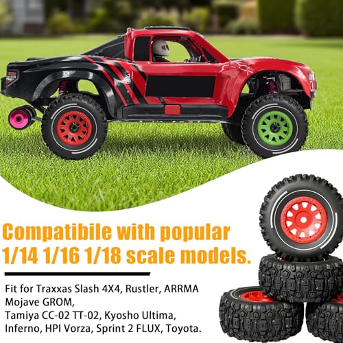 Pre-glued 64mm Wheels &Tires with 12mm Hex for 1/14 Truck, Red | Rubber Tire and Nylon Rim for ARRMA Mojave GROM, HPI, Traxxas Slash, Tamiya, Toyota, WLtoy 1/14 1/16 1/18 RC On/Off-Road Car - color: Red