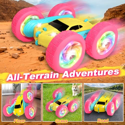 Remote Control Car, RC Cars for Girls, Double-Sided 4WD Stunt Car with RGB Lights & 360° Flips, USB-C Modular Batteries, Toys for Ages 5–7, Birthday Gift for 6+ Year Old Girl, Yellow-Pink - color: Pinkyellow