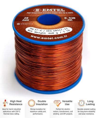 Emtel 28 AWG - 1 lb (1993 feet) 99.9% Pure Copper Wire, Enameled Magnetic Wire for Motor, Transformer, Magnetic Coil, & Electroculture Gardening, Winding Magnet Wire - 220°C (428°F) Thermal Class - style: 28 AWG