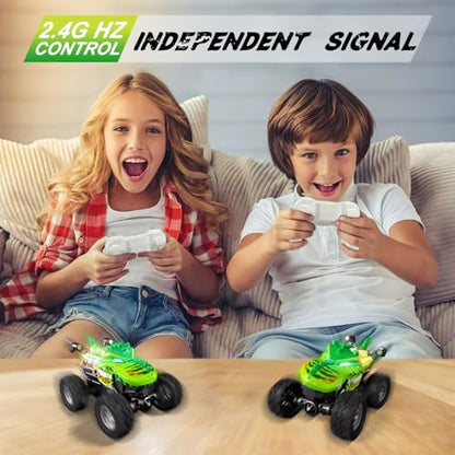 Monster Trucks Toys,2.4GHz Remote Control Car For Boys 4-7,Dinosaur Metal Shell & RGB Light,360° Spin & Walk Upright, With Built-In USB-C Rechargeable Battery,Christmas& Birthday Creativity Gifts.
