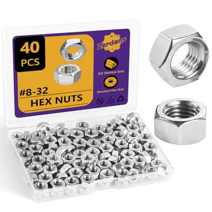 40Pcs SAE #8-32 Hex Nut Set 304 Stainless Steel | Rust Resistant, For Machinery, Automotive & DIY Projects, Storage Case Included. - size: 40Pcs-#8-32