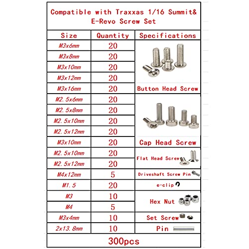 Stainless Steel Screws Kit M2.5 M3 Screw E Type Buckle M3 M4 Hex Nut Repair Accessory Compatible with Traxxas E‑revo Summit 1/16 RC Crawler Car