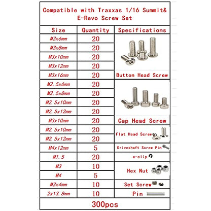 Stainless Steel Screws Kit M2.5 M3 Screw E Type Buckle M3 M4 Hex Nut Repair Accessory Compatible with Traxxas E‑revo Summit 1/16 RC Crawler Car