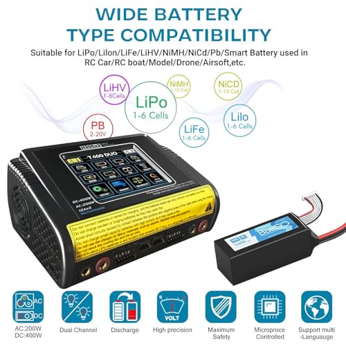 Dual Channel RC Lipo Battery Charger with Touchscreen LCD – 200W AC/400W DC, 12A×2 Fast Charging, Smart Balance Charger for LiPo/LiHV/Life/Pb/NiCd/NiMH/Smart Batteries (1S-6S)