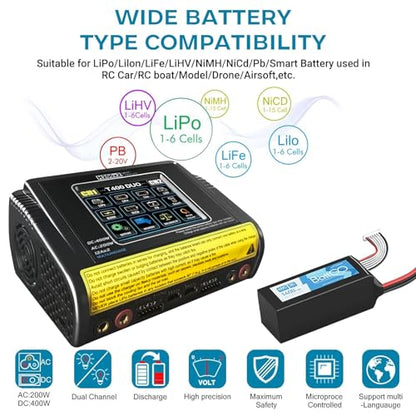 Dual Channel RC Lipo Battery Charger with Touchscreen LCD – 200W AC/400W DC, 12A×2 Fast Charging, Smart Balance Charger for LiPo/LiHV/Life/Pb/NiCd/NiMH/Smart Batteries (1S-6S)