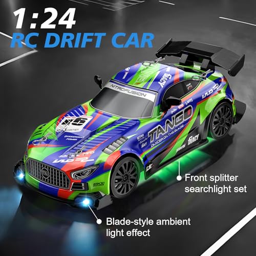 RC Car for Kids, 1:24 4WD High Speed Remote Control Drift Car | 2.4GHz RC drift car with LED lights, 2 Batteries & Drift Tires, dual-mode tires, Birthday gift for boys aged 4-12, Green - color: 1-green