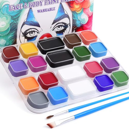 BOBISUKA 18 Color Water-Activated Cream Face Paint Palette, Washable Face & Body Painting Kit with Extra Black & White Pans and Brushes for Halloween, Cosplay, Carnival, SFX & Costume Makeup