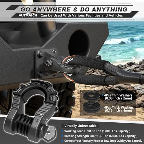 AUTMATCH D Ring Shackles 3/4" Mega Shackle (2 Pack) 68,000Ibs Break Strength - Heavy Duty Clevis Shackles 7/8" Screw Pin & Isolator Washer for Tow Strap Winch Off Road Vehicle Recovery, Gunmetal Gray - color: Gunmetal Gray