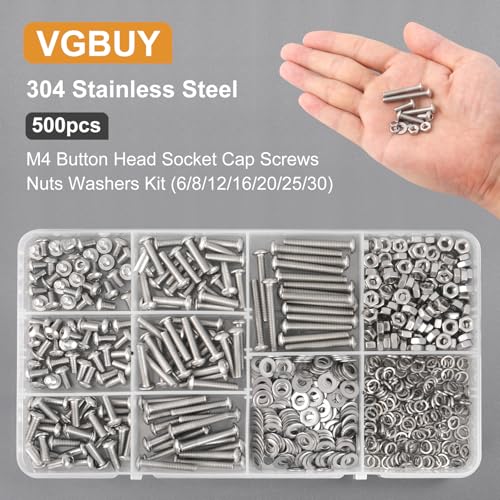VGBUY 500pcs M4 Screws Assortment, M4 Screws (7 Sizes 6-30mm) for 3D Printer DIY, Hex Button Head Cap Screw Bolts Nuts Washer Kit, 304 Stainless Steel, 6/8/12/16/20/25/30mm - size: M4x6/8/12/16/20/25/30mm, style: Button Head