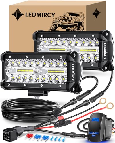 LED Light Bar,LEDMIRCY 7" LED Pod Lights with Rocker Switch Wiring Harness | White Spot Flood Combo Beam Triple Rows White Off Road Lights(2PCS) for Truck ATV SUV UTV Boat IP68 Waterproof