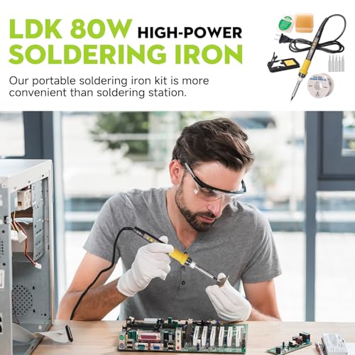 LDK 80W Soldering Iron Kit, 110V Digital Soldering Iron | with 5 Solder Tips, Solder Wire, Adjustable Temperature Solder Welding Tools, Fast Heating, Electrical Repair - color: Yellow