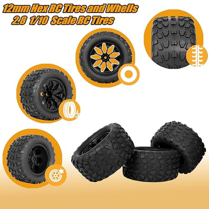 12mm Hex RC Wheels and Tires 1/10 Scale 2.8 RC Truck Tires and Wheels for Traxxas Rustler Stampede Hoss E-Revo 2wd 4x4 vxl Tires and Wheels Redcat Riaario Amoril Tires Wheels Preglued 4PCS