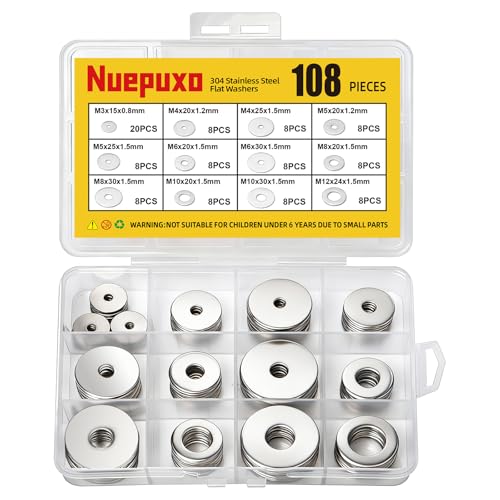 108PCS Flat Washers Assortment Kit, 304 Stainless Steel Washers | Fender Washers, 12 Sizes (M3 M4 M5 M6 M8 M10 M12) Metric Metal Washers for Screws and Bolts, Automotive Industrial Home Use - style: 108PCS (Metric）