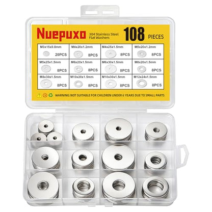 108PCS Flat Washers Assortment Kit, 304 Stainless Steel Washers | Fender Washers, 12 Sizes (M3 M4 M5 M6 M8 M10 M12) Metric Metal Washers for Screws and Bolts, Automotive Industrial Home Use - style: 108PCS (Metric）
