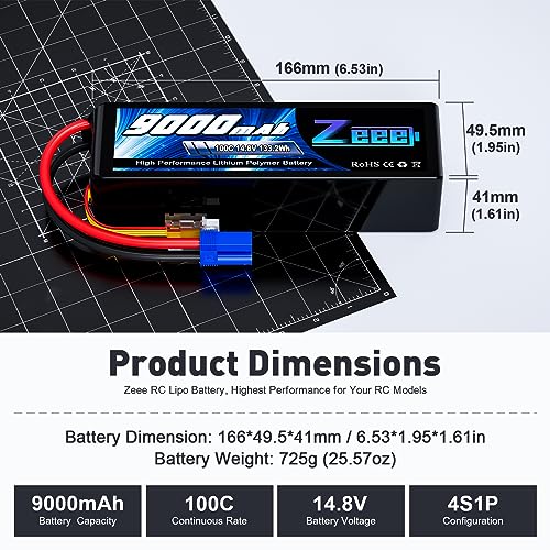 Zeee 4S Lipo Battery 9000mAh 14.8V 100C Soft Case RC Battery EC5 Connector with Metal Plates for RC Car Truck Tank Racing Models (2 Pack)