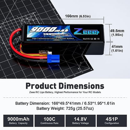 Zeee 4S Lipo Battery 9000mAh 14.8V 100C Soft Case RC Battery EC5 Connector with Metal Plates for RC Car Truck Tank Racing Models (2 Pack)