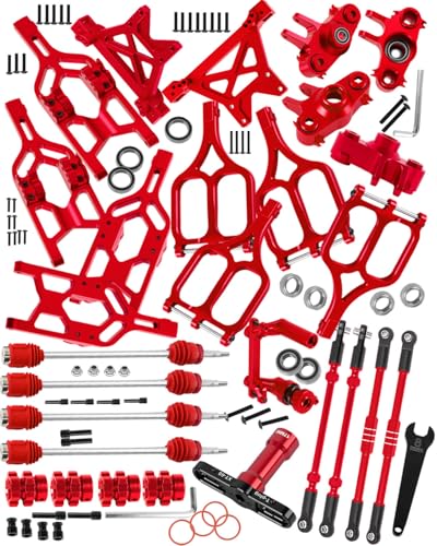 RC Alloy Suspension Arms&Steering Block Knuckle Arm&Shock Tower&Drive Shaft Axles&Push Rod Links&Steering Bellcranks Upgrades Part for 1/10 T-Maxx/E-Maxx,Driveshafts Hops Up,Red - color: Red- (Upgrades)