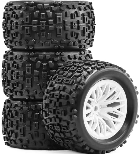 Pre-Glued 1/16 & 1/18 RC Monster Truck Tires, Soft Rubber Tire and Nylon Wheels Rims with 12mm hex Compatible with ARRMA 1/18 Granite/Typhon Grom, WLtoys A949, MJX Hyper Go H16 RC Buggy, 4PCS (White) - color: White