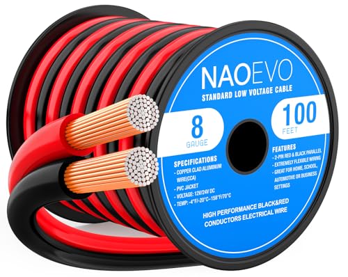 NAOEVO 8 Gauge Wire 2 Conductors, CCA Red Black Electrical Wire, 100FT | Flexible, High Conductivity & Wear-Resistant 8 AWG Wire with PVC insulation for Automotive, Speaker, LED, Marine, 12V/24V DC - size: 100ft, style: 8AWG
