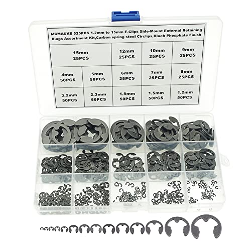 525PCS 14 Kinds Metric E-Clips Side-Mount External Retaining Rings Assortment Kit,1.2mm to 15mm Nominal Diameter,Black Phosphate Finish