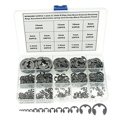 525PCS 14 Kinds Metric E-Clips Side-Mount External Retaining Rings Assortment Kit,1.2mm to 15mm Nominal Diameter,Black Phosphate Finish