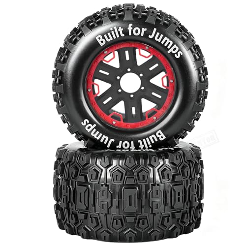 RC Wheels and Tires Set(4PCS) for 1/8 1/10 Monster Truck Tires,Traxx as/Arrm a 6S/Summi t/E Rveo/T-Maxx RC Off-Road etc,17mm Hex Tire and Wheels/Plastic Rims,Red and Black - color: Red and Black-(wheels Tires)